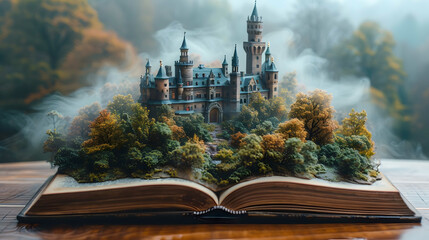 Open book with a fantasy world popping out. A castle illustration over a book.