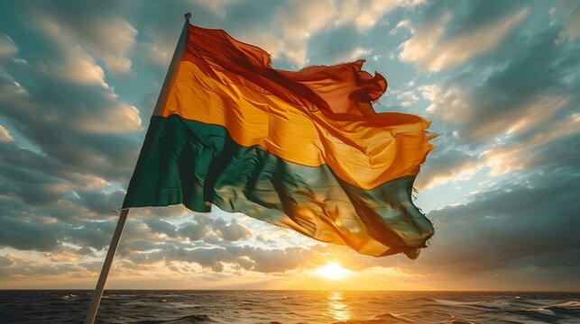 Fototapeta Telephoto Lens Capture of Vibrant Irish Flag Fluttering in the Wind