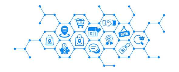 Shopping and retail vector illustration. Blue concept with icons related to shopping in store and online, discount and sale, e-commerce, consumer spending.