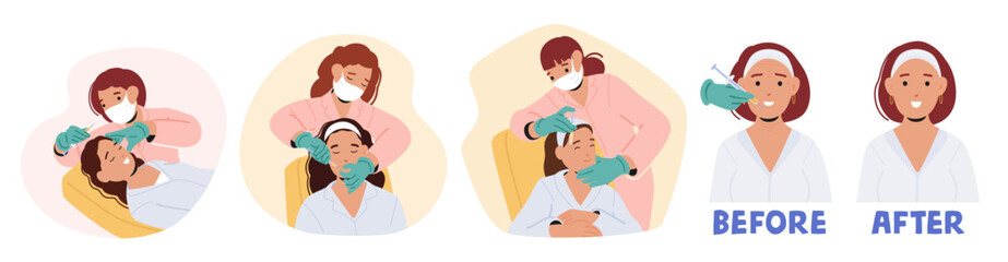 Female Characters Apply Beauty Injections Like Botox And Cosmetic Fillers to Smooth Wrinkles, Restore Facial Volume