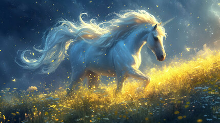 A cream stallion horse with wings, glowing blue eyes, slowly disintegrating in space after floating in space following a gigantic galatic battle leaving spaceship debris - 761729661
