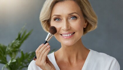 Charming blonde 40s 50s middle aged woman with holding make up brush on shining face with perfect skin, looking at the camera