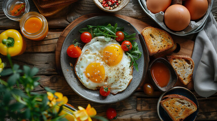 Breakfast spread with coffee toast eggs and juice - obrazy, fototapety, plakaty
