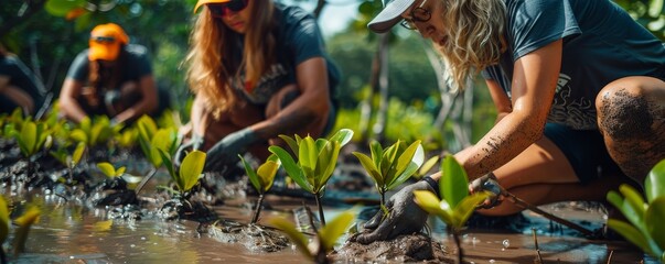 Coastal reforestation project volunteers are planting mangrove trees to prevent erosion