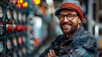 Fototapeta premium Man Wearing Hard Hat at Control Panel