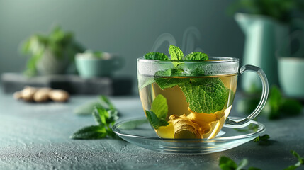 Glass cup of fresh mint and ginger tea, minimalist and leaf - obrazy, fototapety, plakaty