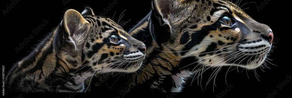 Poster male clouded leopard and cub portrait, ideal for text placement with empty space on the left side