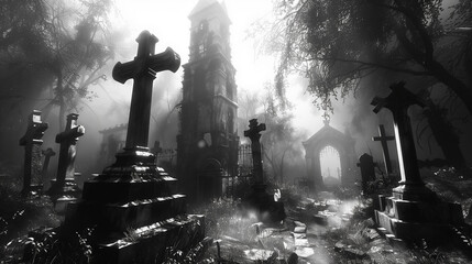 Journey through a virtual graveyard haunted by the ethereal Wraith and grave - obrazy, fototapety, plakaty