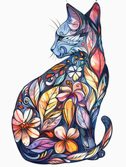 Cat figure designed with a flower pattern, watercolor style illustration