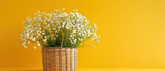 Wooden basket with flowering summer field daisies and violet wildflowers isolated on yellow background. AI generated illustration - obrazy, fototapety, plakaty