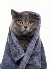 A gray cat with striking orange eyes is adorably wrapped in a soft, blue-gray textured towel
