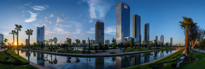 Economic Might: A Panoramic View of the Izmir Trade Center Illuminated by the Setting Sun - obrazy, fototapety, plakaty