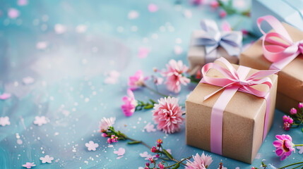 gifts from craft paper tied with a bow on light blue background, pink flowers around it with copy space for valentine's Day, women's Day, mother's day.