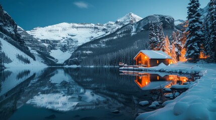 Fototapeta premium A cabin sits on the edge of a frozen lake, with snow-covered mountains towering in the background under a clear sky.