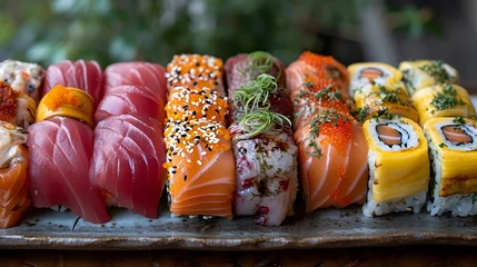Muurstickers Assorted sushi nigiri and maki big set on slate. A variety of Japanese sushi with tuna and crab. © pigeon