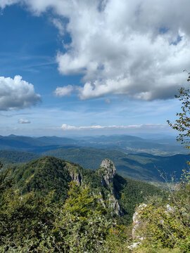 Vertical view of mountain peak on Klek. Klek is mountain in north-western Croatia, near Ogulin in Karlovac County. It is the easternmost mountain of the Velika Kapela range of the Dinaric Alps. 