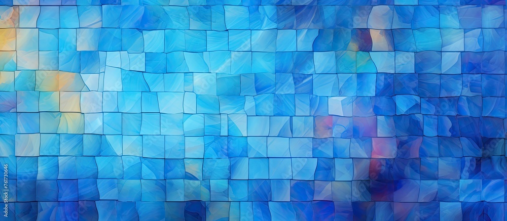 Poster a closeup of an azure stained glass window displaying intricate patterns in electric blue and aqua h