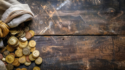 Vintage treasure: coins spilling from sack on wooden table - obrazy, fototapety, plakaty