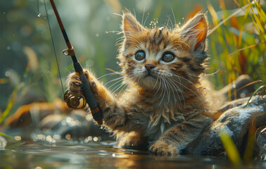 Obraz premium Cute little kitten tries to catch fish with fishing rod on the river in the summer.