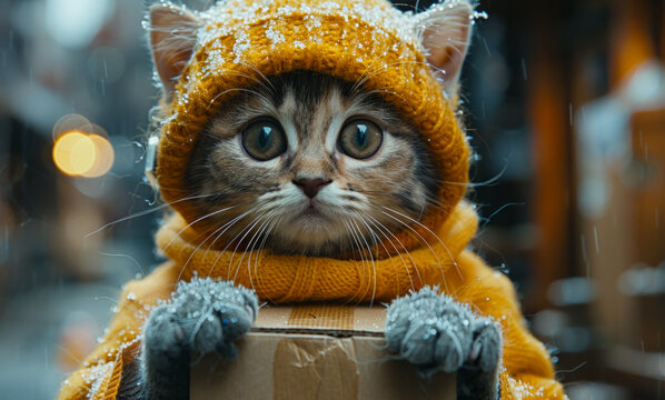 Cute little kitten wearing warm yellow knitted sweater