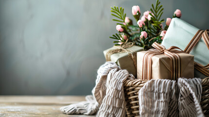 Many colored gift boxes, grey cloth and flowers in a basket against pastel wall background with copy space for valentine's Day, women's Day, mother's day. 