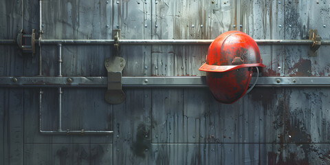 The protective helmet of an oil worker is stained with oil and fuel oil extraction of oil and coal hard with dark background - obrazy, fototapety, plakaty
