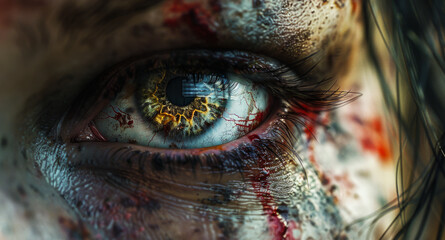Close-up of scary bloody zombie girl with eye and bloody face