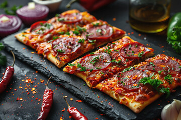 Würzige Pizza mit Pepperoni und Salami auf Schieferplatte