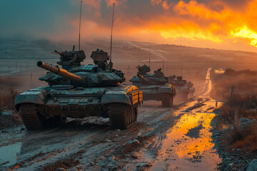 Military tanks on the road - obrazy, fototapety, plakaty