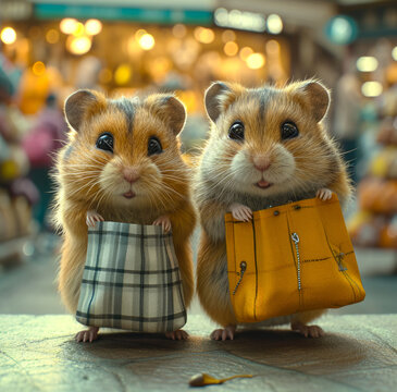 Two hamsters are holding suitcase and bag in the mall.