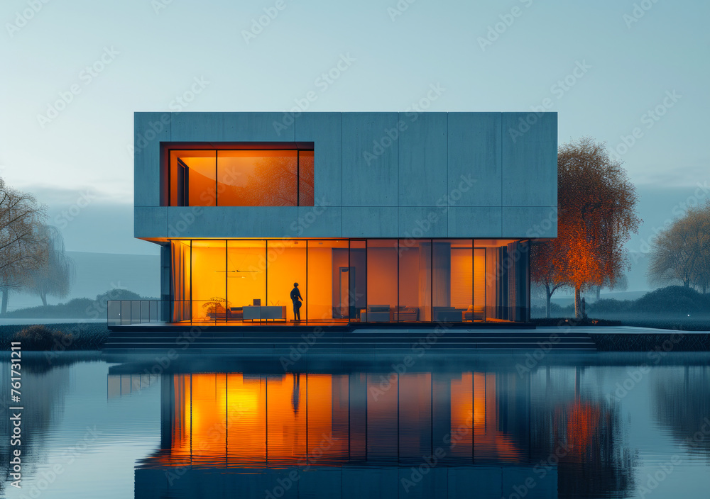 Wall mural modern house with terrace by the lake at sunset