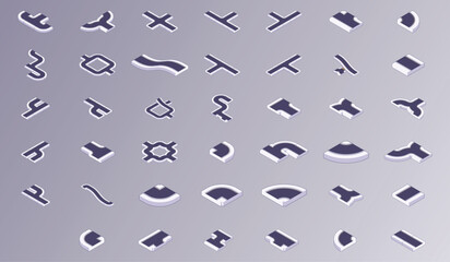 Isometric highway constructor. Curve straight crossing road segments, way winding and crossing route paths for city transport map. Vector set
