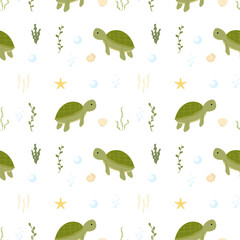 Seamless pattern with cute green sea turtle. Vector kids illustration. Sea animal, sea life, shells, seaweed. Flat design. Underwater life. Perfect for kids apparel, fabric, textile.