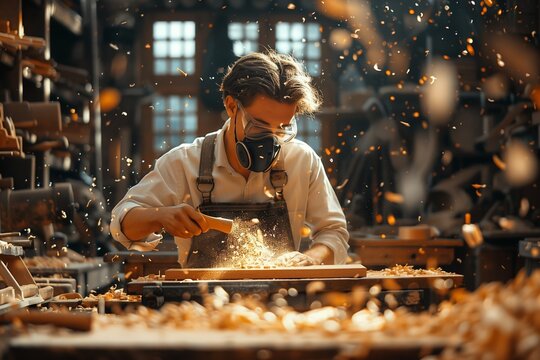 Amidst a shower of golden sparks, an absorbed woodworker planes a wooden board, with the sun streaming through the window of the atmospheric workshop.