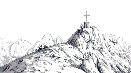 A solitary chapel with a cross stands atop a rugged mountain peak