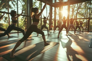 Yoga class participants engage in warrior pose, fitness session in sudio under sunny light - obrazy, fototapety, plakaty