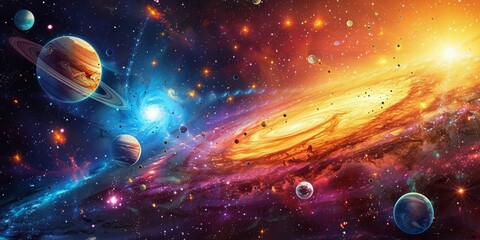 Cosmic Scene With Planets and Stars - obrazy, fototapety, plakaty