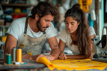  A male and female designer work intently together on a garment pattern laid out on a table surrounded by sewing equipment in a sunlit workshop.