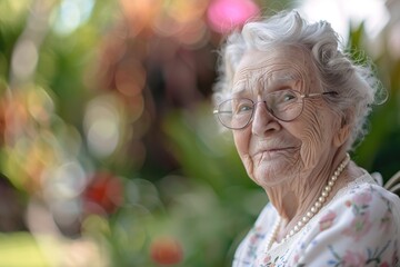 Elderly woman portrait wearing glasses and a pearl necklace exudes happiness in a garden setting