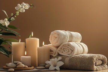 Fototapeta na wymiar Serene spa ambiance with candles and towels