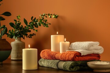 Serene spa ambiance with candles and towels