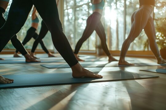 Yoga class participants engage in warrior pose fitness session