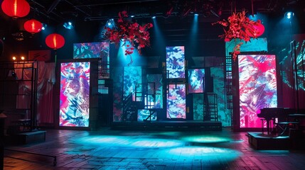 A stage design incorporating elements of mixed media, with multimedia installations and live performers.