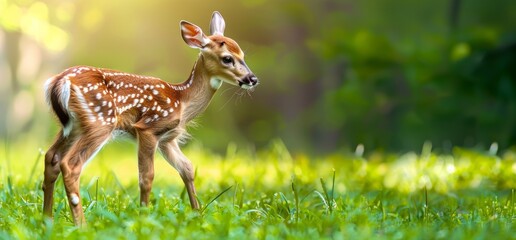 Naklejka na ściany i meble Cute baby deer fawn standing on green grass meadow, side view Generative AI