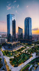 Economic Might: A Panoramic View of the Izmir Trade Center Illuminated by the Setting Sun - obrazy, fototapety, plakaty