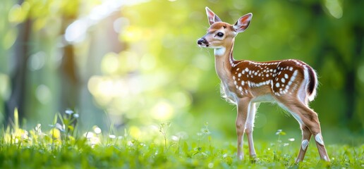 Cute baby deer fawn standing on a green grass meadow, side view, panoramic banner with copy space Generative AI