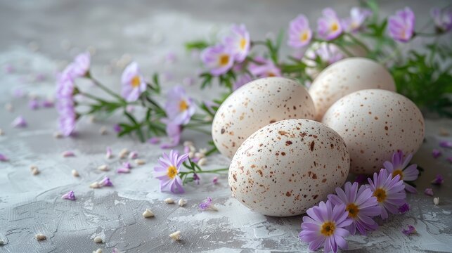 spring purple flowers and easter eggs on a white background, lots of empty space for text