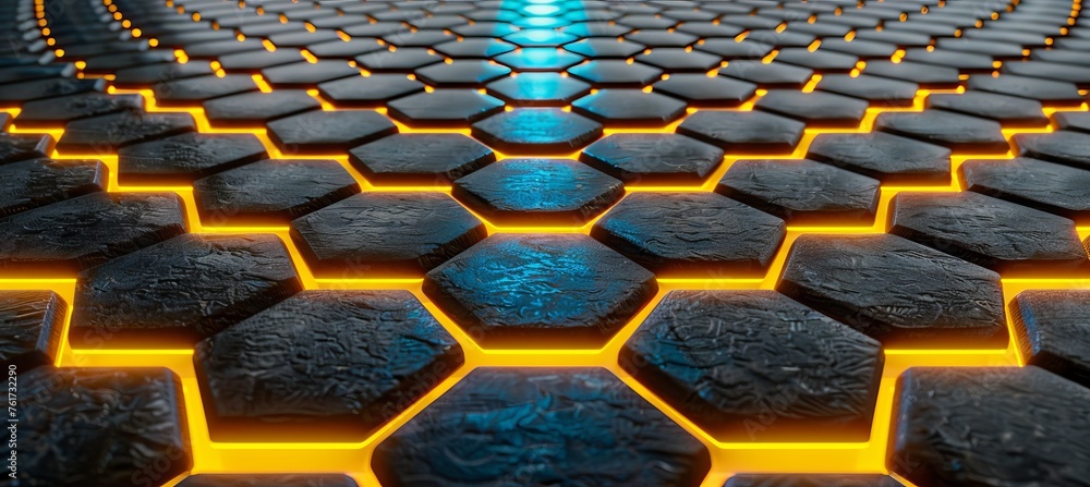 Poster luminous hexagonal neon lights on dark backdrop for graphic design projects and modern aesthetics.