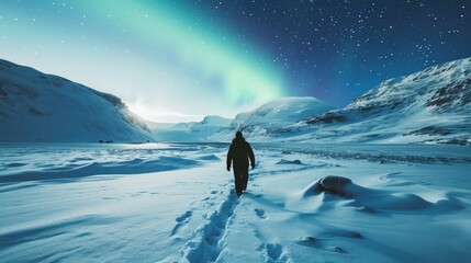 The picture of young or adult human that walking in the north pole or south pole and staring into the sky that fill with aurora and star in the night time yet the bright with aurora or star. AIGX03. - Powered by Adobe