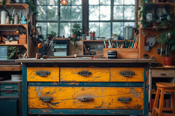 An old, yellow painted workbench with peeling paint and vintage drawer handles stands in an artisan's studio filled with various tools and plants, illuminated by natural light from large windows.